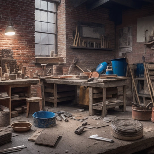 A cluttered workshop table with various masonry tools and supplies, including a level, trowel, jointer, hammer, mixing bucket, and stacks of brick, block, and mortar, surrounded by scattered blueprints.