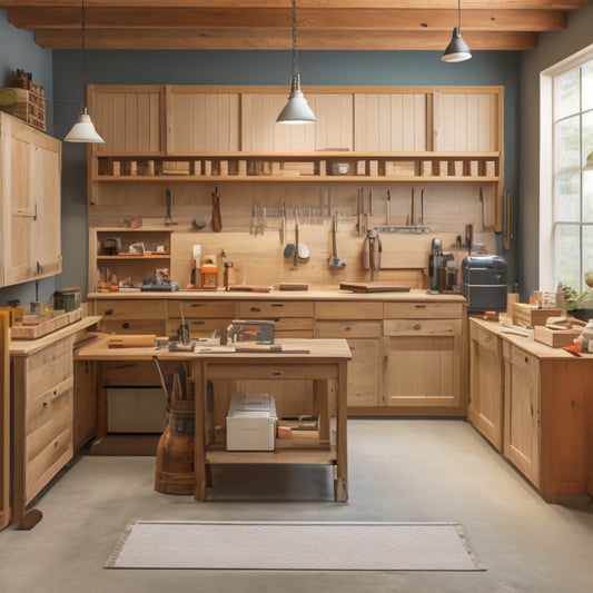 A clutter-free workshop with a centered, half-assembled cabinet, surrounded by neatly organized tools, materials, and samples: wood planks, tile sheets, paint swatches, a level, a drill, and a measuring tape.