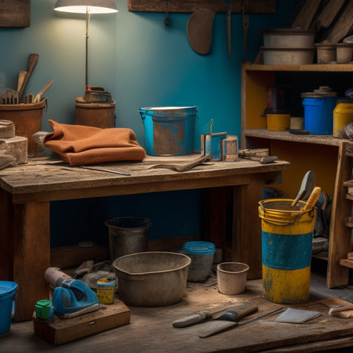 A cluttered workbench with various DIY plastering tools and supplies, including a mixing bucket, trowel, putty knife, sandpaper, and a bag of plaster, amidst a backdrop of renovation materials and half-finished walls.