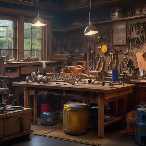 A cluttered, well-lit workshop with a wooden workbench in the center, surrounded by various power tools, wrenches, and pliers, with a partially disassembled cabinet and scattered screws in the foreground.