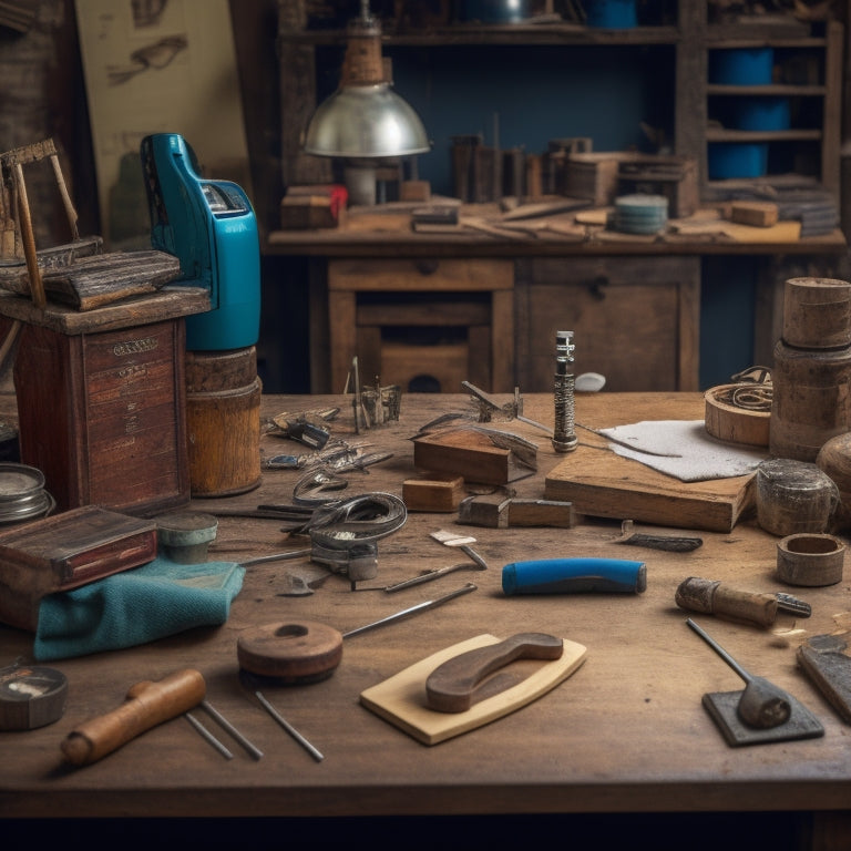 A cluttered workshop table with a variety of handmade measuring tools, including a wooden story pole, a DIY laser level, and a custom-made straightedge, surrounded by sawdust and scattered renovation plans.