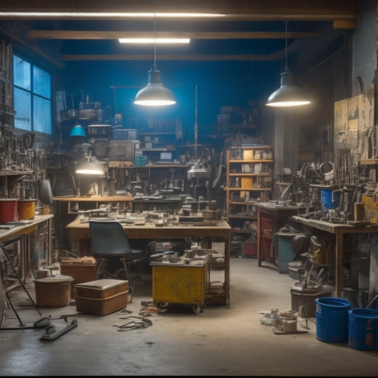 A cluttered, well-lit workshop with a central workstation, surrounded by various mixers of different sizes and brands, with scattered renovation materials like tiles, paint cans, and power tools in the background.