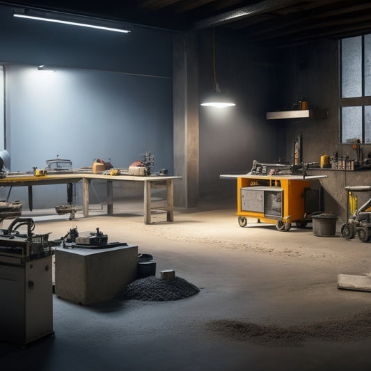 A well-lit, modern workshop with a variety of concrete grinding machines on a sleek, grey workbench, surrounded by scattered concrete dust and partially ground slabs.