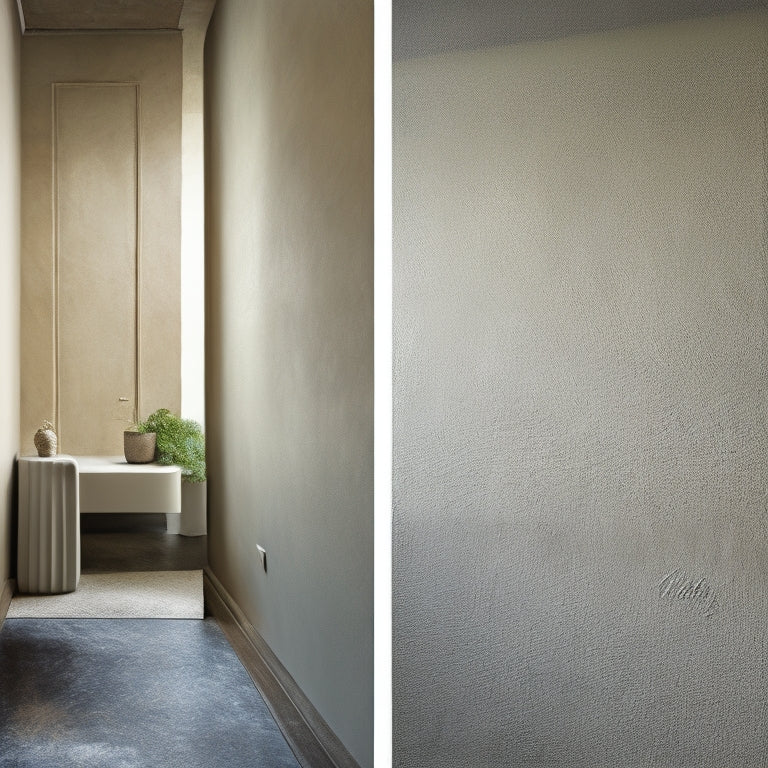 A split-screen image: a smooth, uniform plaster wall with a subtle sheen, contrasted with a textured, artisanal finish featuring visible brushstrokes and unevenness, with a faint grid of lines in the background.