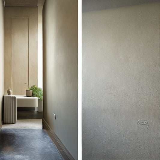 A split-screen image: a smooth, uniform plaster wall with a subtle sheen, contrasted with a textured, artisanal finish featuring visible brushstrokes and unevenness, with a faint grid of lines in the background.