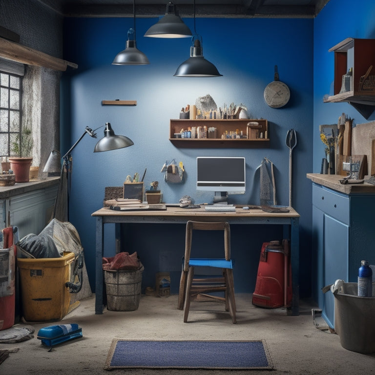 A clutter-free, well-lit workspace with a small, partially plastered wall in the background, surrounded by organized tools and materials, including a level, trowel, bucket, and sandpaper.