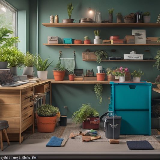 A cluttered DIY renovation workspace transforms into an organized area with a recycling bin, reusable containers, and a toolbox with a green plant on top, surrounded by minimalist, eco-friendly materials.