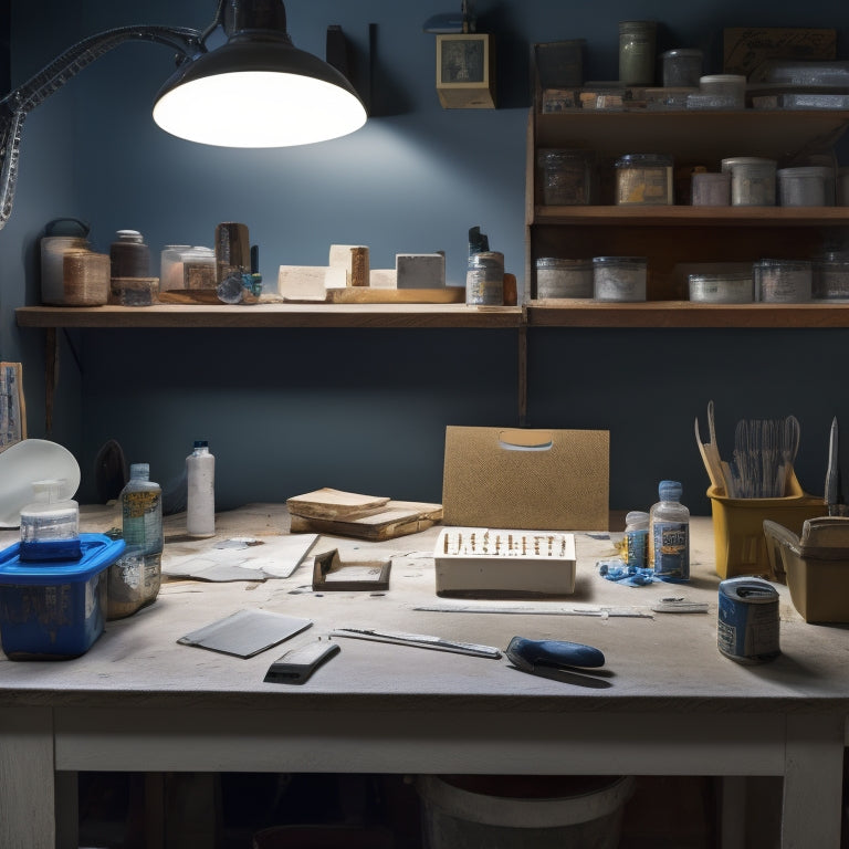 A clutter-free, well-lit workshop table with a neatly organized array of patching tools, including a putty knife, spackling compound, sandpaper, and various sizes of drywall patches, surrounded by faint DIY project blueprints.