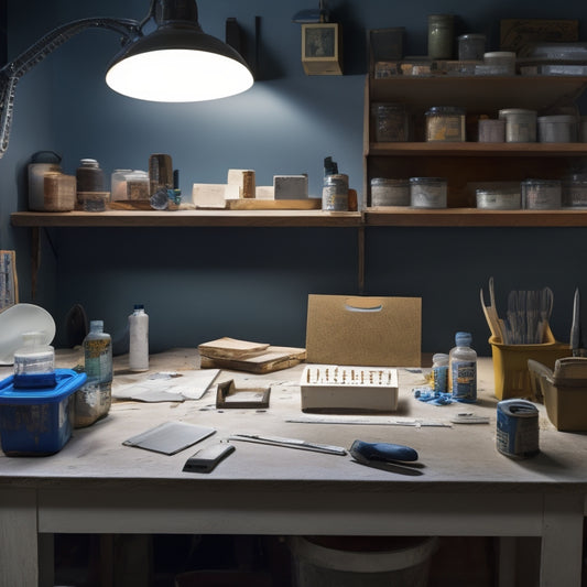 A clutter-free, well-lit workshop table with a neatly organized array of patching tools, including a putty knife, spackling compound, sandpaper, and various sizes of drywall patches, surrounded by faint DIY project blueprints.