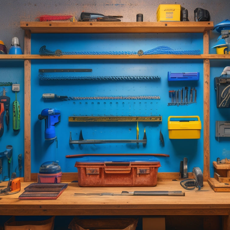 A clutter-free workshop with a pegboard adorned with neatly organized power tools, hooks holding coiled cords, and a nearby toolbox with labeled compartments, surrounded by a faint blueprint background.