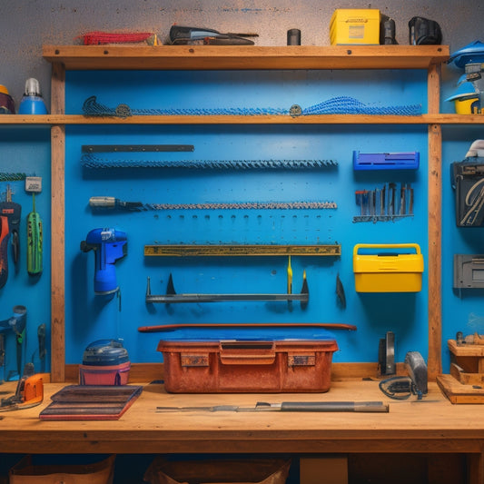 A clutter-free workshop with a pegboard adorned with neatly organized power tools, hooks holding coiled cords, and a nearby toolbox with labeled compartments, surrounded by a faint blueprint background.