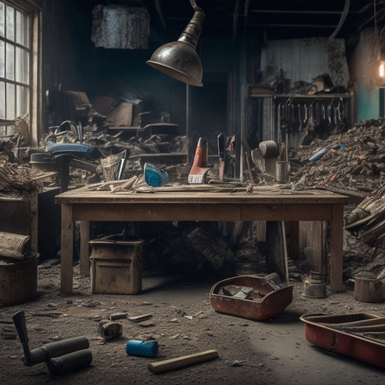 A cluttered workshop background with a central, worn wooden table displaying a scattered arrangement of used demolition tools, including a rusty sledgehammer, a claw hammer, and a pry bar, amidst scattered debris.