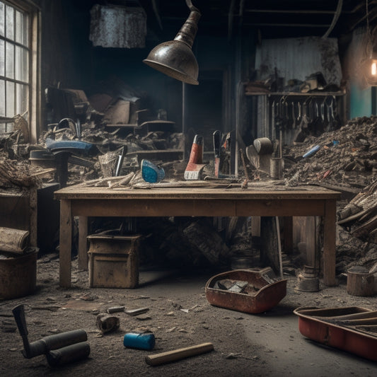 A cluttered workshop background with a central, worn wooden table displaying a scattered arrangement of used demolition tools, including a rusty sledgehammer, a claw hammer, and a pry bar, amidst scattered debris.