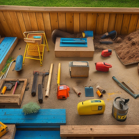 An image of a deck renovation site with a variety of footing tools scattered around, including a post hole digger, deck footing anchors, and a level, surrounded by wood planks and construction materials.
