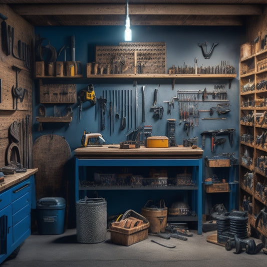 A well-lit, clutter-free garage with a pegboard displaying neatly organized power tools, such as drills, saws, and wrenches, alongside labeled bins and a workbench with a vice.
