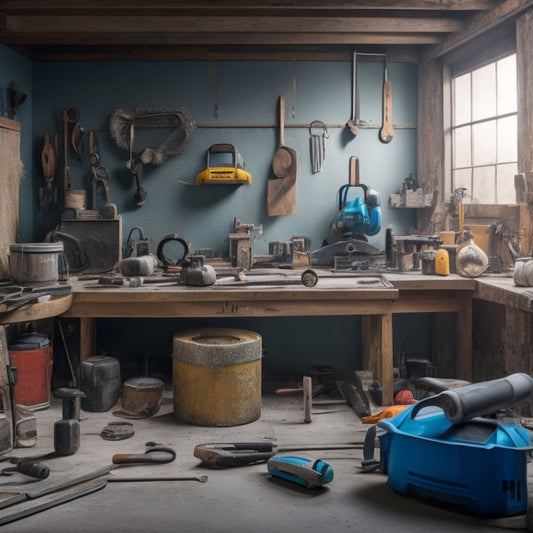 A cluttered workshop with a concrete block wall in the background, surrounded by various renovation tools, including a circular saw, trowel, level, and safety gear like gloves and goggles.