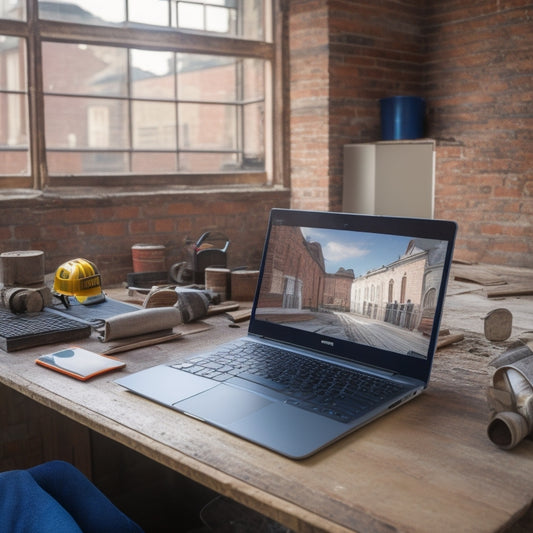 A modern, sleek laptop on a cluttered home renovation site, surrounded by blueprints, construction hats, and tools, with a partially renovated background featuring exposed brick and new flooring.