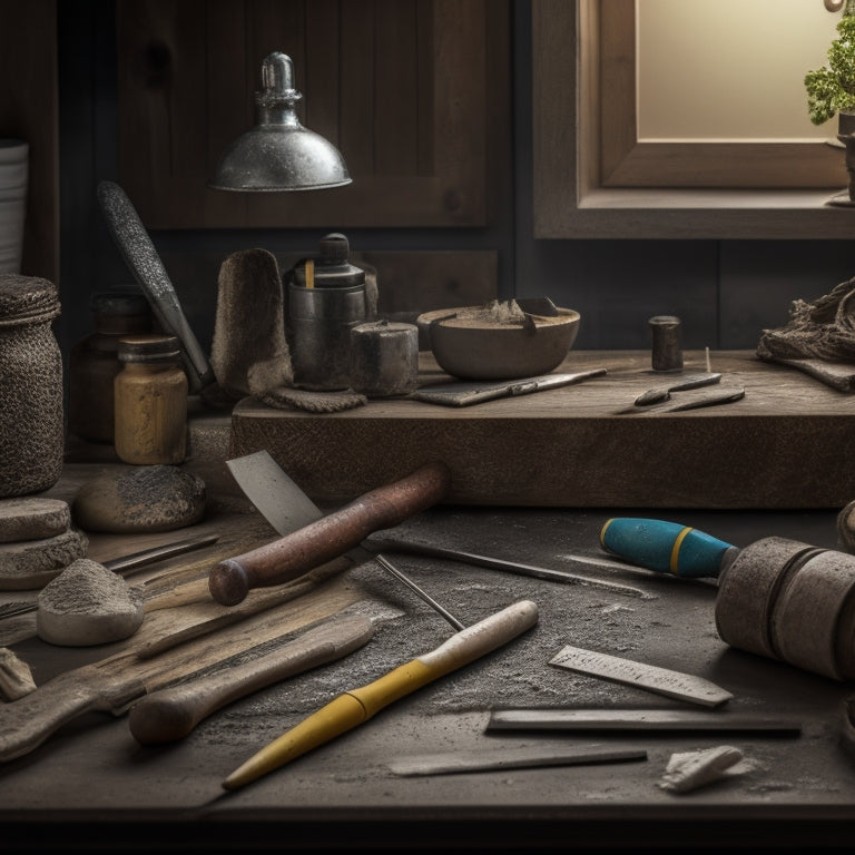 A cluttered workbench with various textured finish tools, including a distressed wood grainer, a stucco trowel, and a knockdown knife, surrounded by samples of different textured finishes on drywall and wood panels.