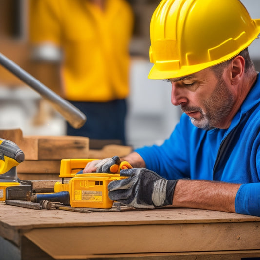 A close-up of a person in a yellow hard hat and safety vest inspecting a drill bit, with a clipboard and pencil in hand, surrounded by various drill bits and renovation tools on a workbench.