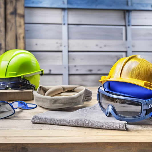 Safety gear arranged on a wooden table: hard hat, goggles, dust mask, ear protection, work gloves, and steel-toed boots, against a background of home renovation materials like lumber, tools, and a partially painted wall.