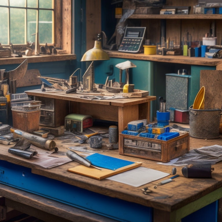 A cluttered workbench with various tools and materials, surrounded by scattered blueprints, calculators, and budget sheets, with a hammer and pencil crossed over a miniature house model.