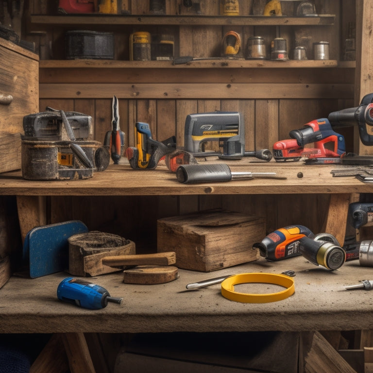 A cluttered workbench with a cordless drill, impact driver, circular saw, and tape measure surrounded by scattered screws, nails, and wooden planks, with a partially renovated background.