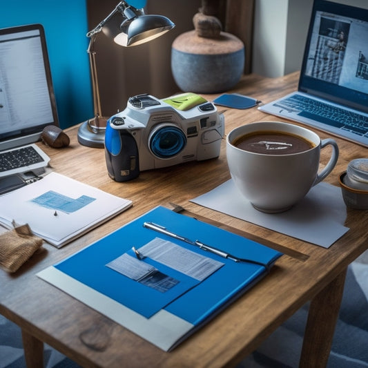 A tidy, modern desk with a laptop, a cup of steaming coffee, and a few scattered renovation tools, surrounded by rolled-up blueprints and a notebook with a partially filled budget table.