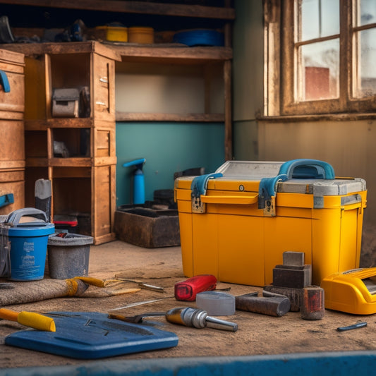 A cluttered toolbox in the foreground with various foundation repair tools, including a hydraulic pier, a crack injection kit, and a shovel, against a blurred background of a partially renovated house with exposed foundation walls.