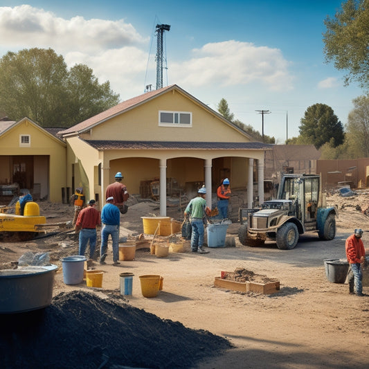 A messy construction site with a suburban home in the background, surrounded by stucco tools and materials like mixing buckets, trowels, and scaffolding, with a few workers in the distance.