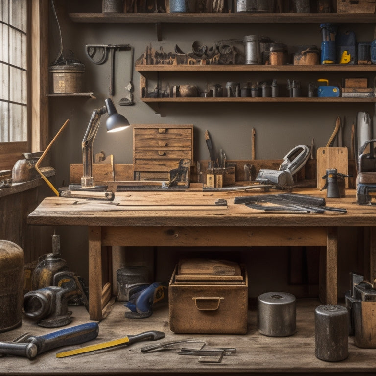 A tidy, organized workspace with a wooden workbench, surrounded by essential tools: a tape measure, level, hammer, drill, wrench, pliers, and a toolbox with open drawers revealing screws, nails, and other hardware.