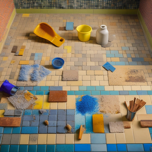A messy, half-tiled bathroom floor with scattered tile pieces, a bucket of adhesive, and three to five trowels of varying sizes and types laid out in the foreground, with a few tiles in the process of being laid.
