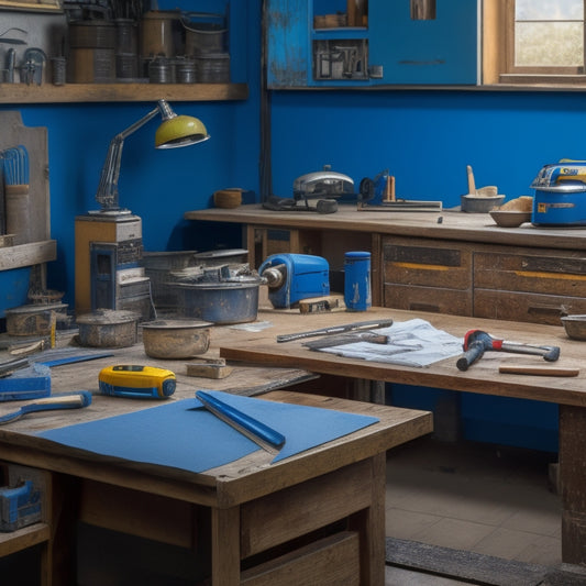 A cluttered workshop table with a partially unrolled blueprint, surrounded by various tools like a cordless drill, level, and tape measure, with a faint background of a gutted kitchen or bathroom.