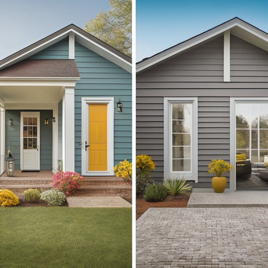 An illustration of a renovated home's exterior with a split-face comparison: one side featuring a dull, cracked wall versus the other side showcasing a vibrant, radiant wall with a sleek, modern coating.