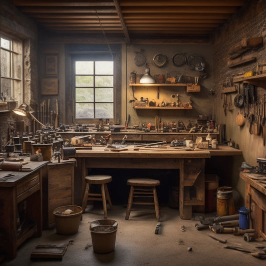 A cluttered but organized workshop with a wooden workbench in the center, surrounded by essential tools like hammers, screwdrivers, tape measures, and power drills, with a faint background of a renovated room.