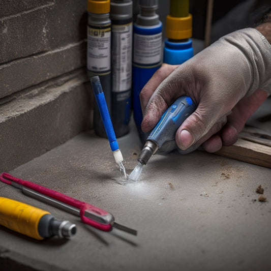 A close-up of a person's hands holding a DIY epoxy injection toolkit, with a syringe and nozzle injecting epoxy into a crack in a concrete wall, surrounded by renovation tools and materials.