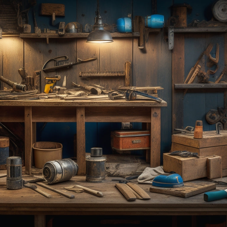 A cluttered workshop background with a variety of DIY renovation tools organized on a wooden workbench, including a cordless drill, level, tape measure, and wrench, surrounded by scattered blueprints and tool belts.