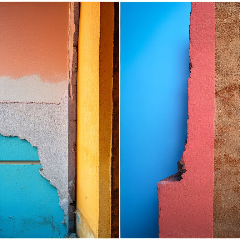 A before-and-after split-screen image: a worn, cracked exterior stucco wall with crumbling edges and faded color on the left, transformed into a smooth, vibrant, and crack-free surface on the right.