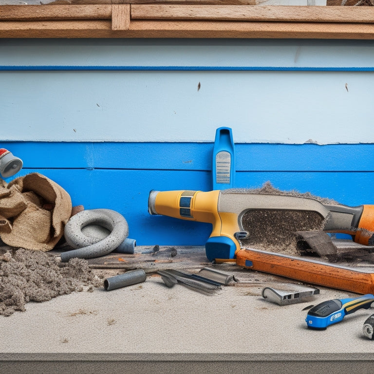 A cluttered exterior wall renovation site with various power tools scattered around, including a circular saw, impact driver, and grinder, amidst torn siding, exposed insulation, and construction debris.