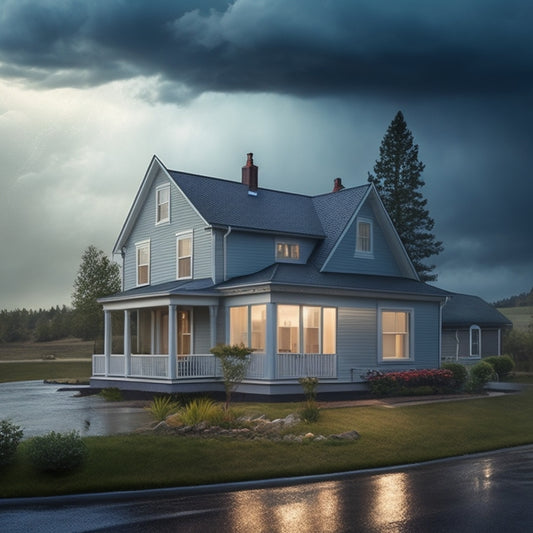 A dramatic, overhead illustration of a partially renovated house with various weatherproofing elements highlighted, including a waterproof membrane, flashing, and sealants, amidst a stormy background with rain and wind.
