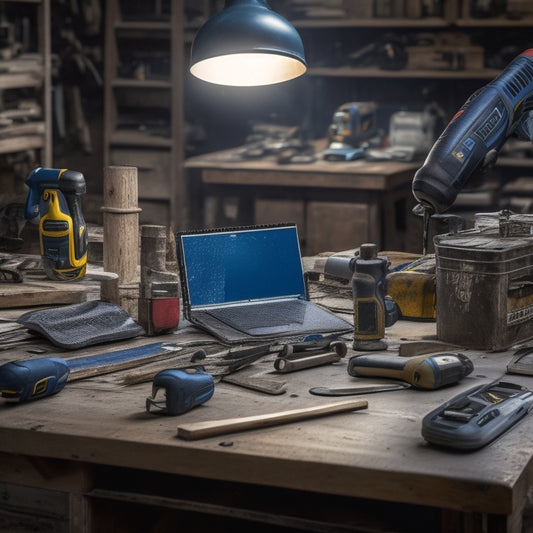 A cluttered workshop table with a laptop open to an online marketplace, surrounded by various used renovation tools, including a cordless drill, impact driver, and circular saw, with price tags attached.