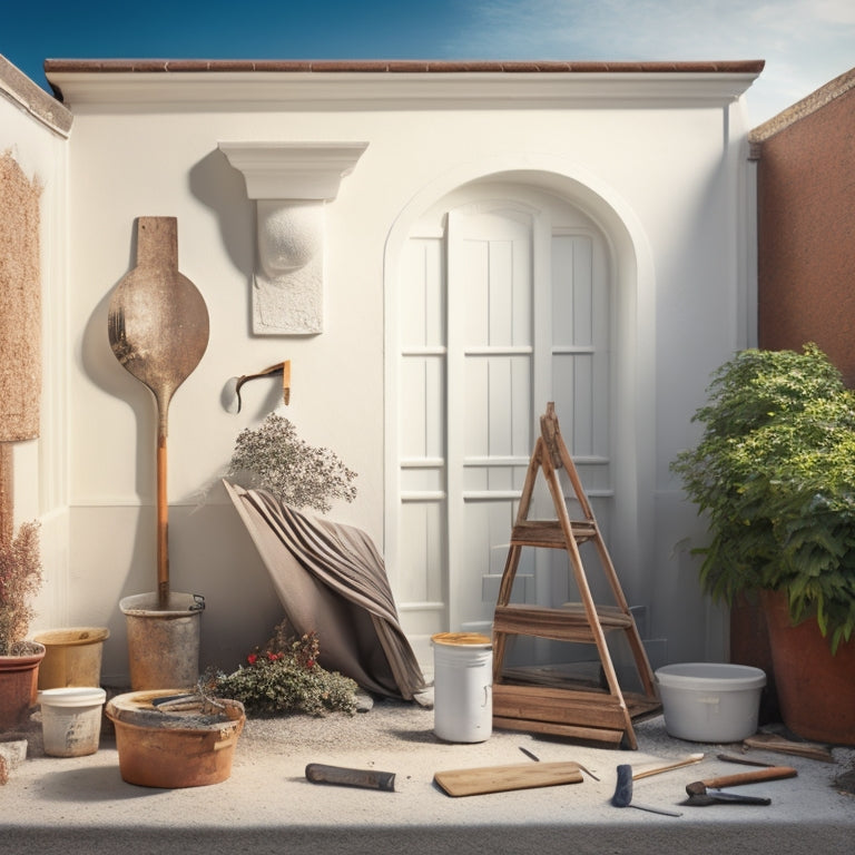 An image depicting a refurbished exterior wall with gleaming white plaster, surrounded by a tidy work site with a mix of tools, including a hawk, trowel, and float, amidst a backdrop of a quaint, rustic-style building.