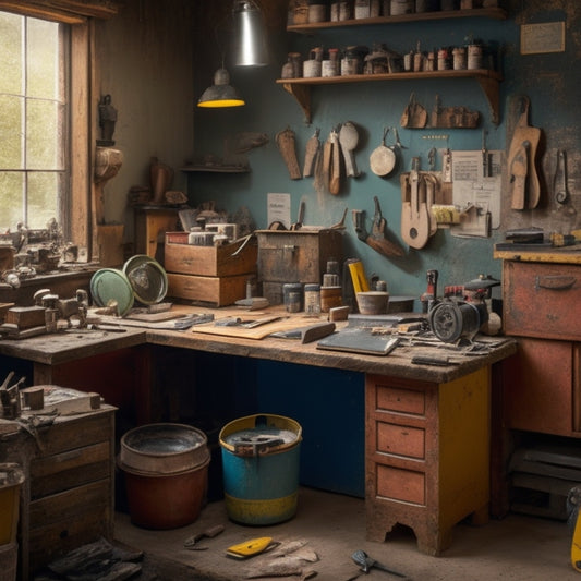 A cluttered workshop with a variety of tools scattered around, with a few essential wall renovation tools (e.g. level, stud finder, putty knife) prominently displayed on a central workbench, surrounded by messy walls.