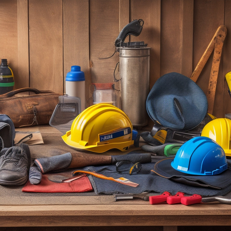 A cluttered home renovation workspace with scattered tools and materials, surrounded by various safety gear items, including a hard hat, safety glasses, earplugs, steel-toed boots, and a first aid kit.