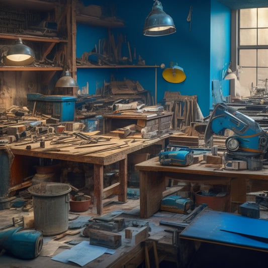 A cluttered workshop with various renovation tools, such as drills, saws, and hammers, surrounded by blueprints, scattered papers, and calculators, with a subtle cityscape or construction site background.