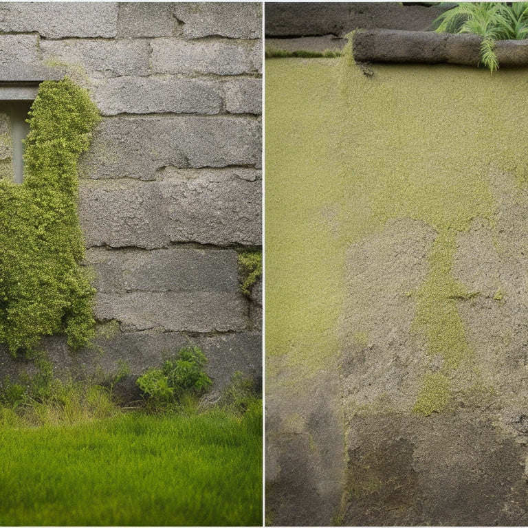 A before-and-after split-screen image: a crumbling, moss-covered exterior block wall with broken joints and weeds growing out of cracks, juxtaposed with a renovated wall with clean lines, fresh mortar, and a warm, inviting color.