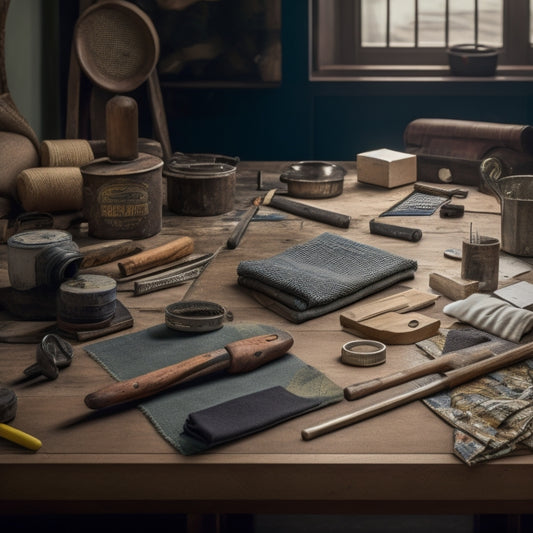 A cluttered, yet organized, workshop table with various materials and tools, including a tape measure, level, and hammer, surrounded by samples of wood, tile, and fabric, with a subtle background of a renovated room.