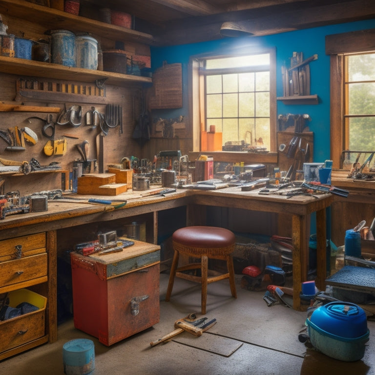 A cluttered DIY workshop with various tools scattered on a workbench, including a hammer, level, tape measure, pliers, screwdrivers, and a toolbox in the background, with a partially renovated room visible through an open door.