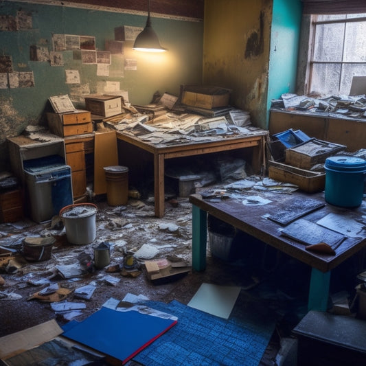 A messy, cluttered room with torn wallpaper, broken tiles, and a cracked wall, surrounded by laptops, calculators, and scattered papers, with a faint blueprint of a renovated space in the background.