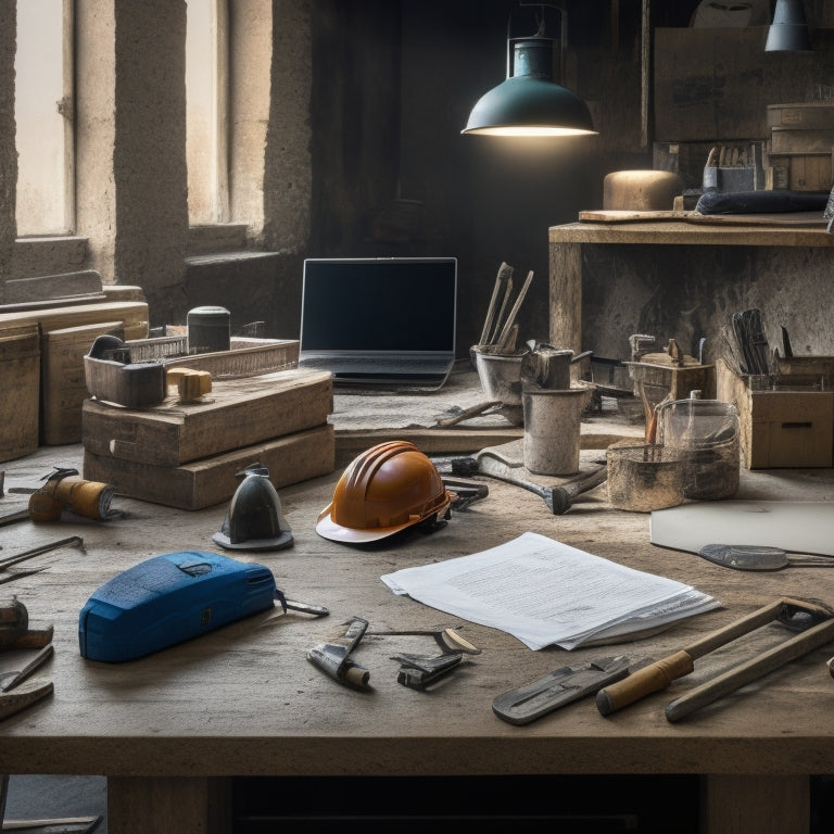 A cluttered but organized workspace with a laptop, blueprints, and a hard hat, surrounded by various tools like hammers, drills, and levels, with a subtle background of a renovation site.