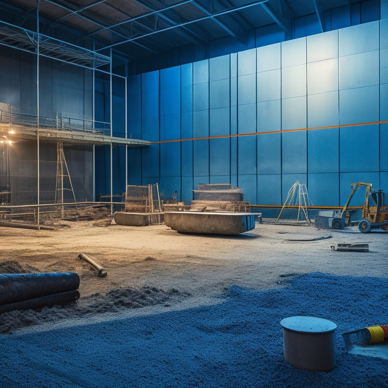 A cluttered construction site with various screed bars scattered around, with one prominent, high-quality screed bar standing upright, surrounded by a faint glow, amidst a backdrop of freshly laid concrete and renovation tools.
